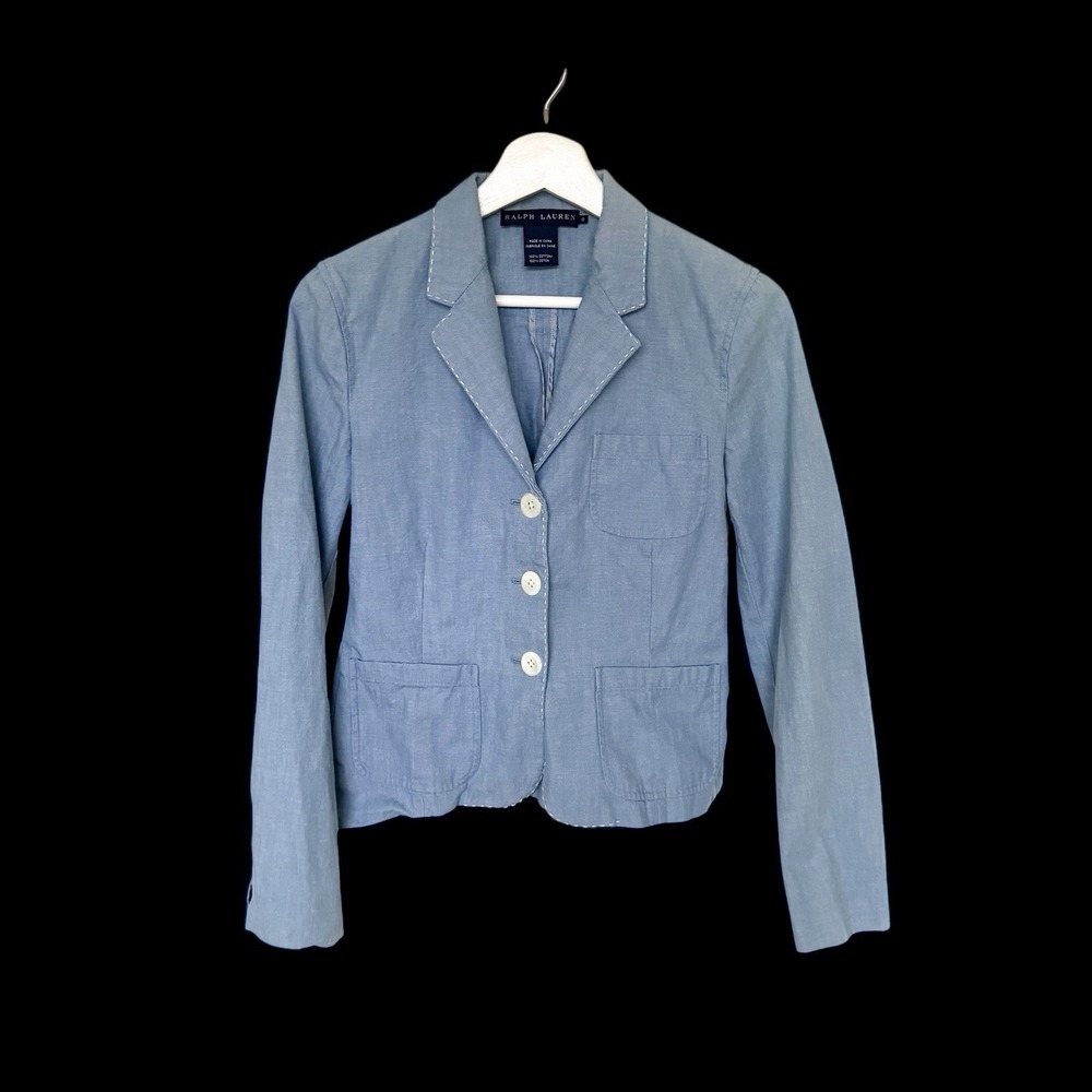 Vintage 90's Ralph‎ Lauren Womens Blazer Jacket Sz 8 Cotton Blue Cottage Core